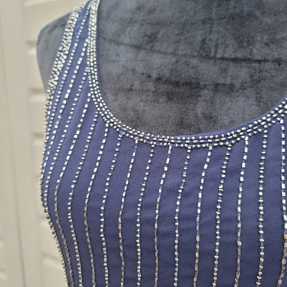 Jennifer Lopez Flowing Elegant Evening Beaded Fully Lined Tank Top Blouse Blue S - Picture 4 of 8
